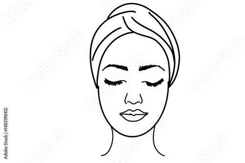 Minimalist illustration of a woman's face with closed eyes, featuring a towel wrapped around her hair. The design is simple, elegant, and spa-inspired, conveying calmness and self-care