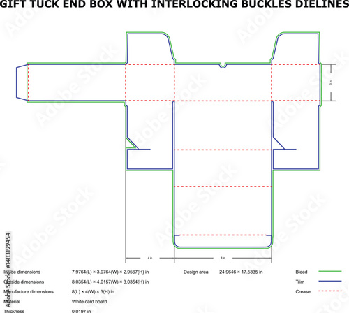 Detailed diagram of a gift tuck end box template featuring interlocking buckles design