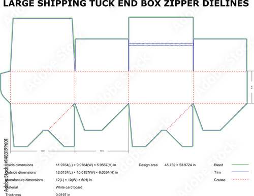 Detailed packaging design template for a large shipping tuck end box with zipper die lines