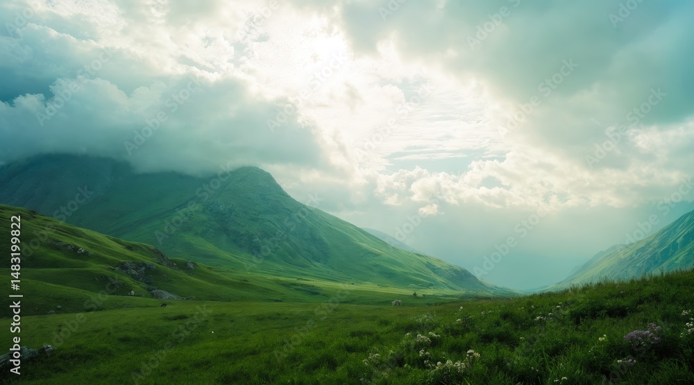 Fototapeta premium Ethereal morning mist in emerald mountain field