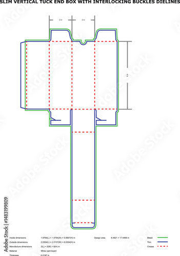 Detailed diagram of a vertical tuck end box with interlocking buckles and dimensions