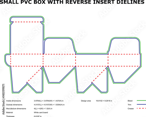 Detailed vector illustration showcasing die lines for a small pvc box with reverse insert flaps.