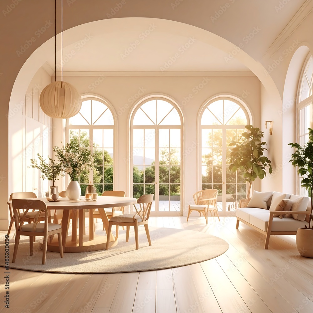 Obraz premium Bright and Airy Modern Dining Room with Large Windows and Natural Light in a Cozy Home Setting