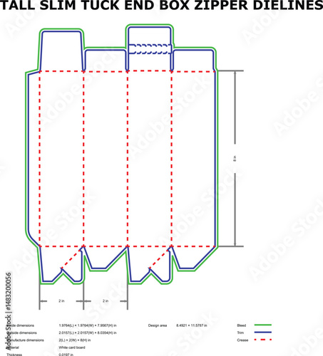 Detailed blueprint of a tall slim tuck end box with a zipper function for packaging