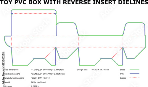 Detailed die-cut packaging template design for a toy pvc box with reverse insert for production