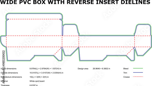 Wide pvc box die line template with reverse insert detailed dimensions and measurements