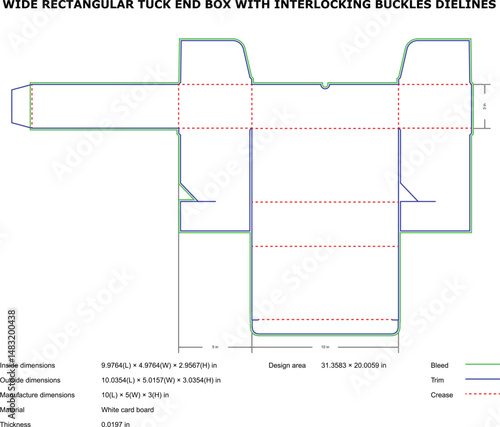 Detailed dieline template of a wide rectangular tuck end box with interlocking buckles