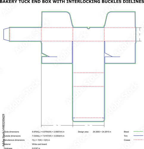Bakery tuck end box packaging die lines with interlocking buckles for folding carton design