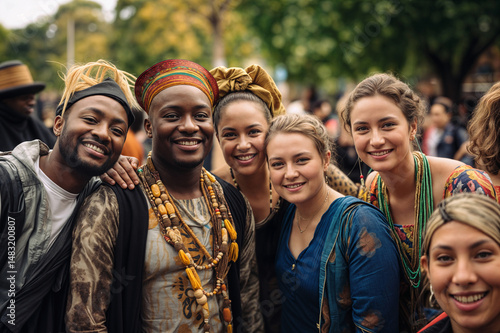 Diverse group of smiling friends, celebrating together, wearing traditional clothing. Joyful gathering, colorful festival, community spirit, cultural pride.