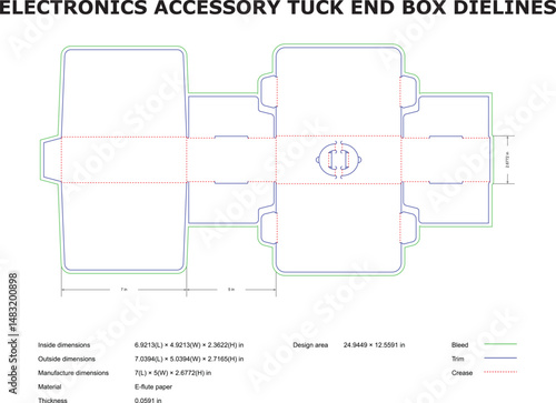 Detailed die-cut template for electronics accessory tuck end box packaging design