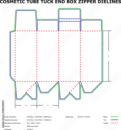 Detailed cosmetic tube tuck end box dieline template with precise dimensions and measurements