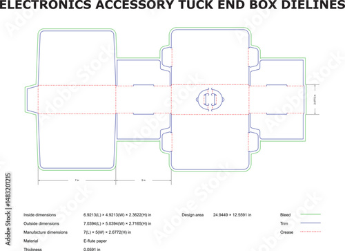 Detailed vector template of a tuck end box with dimensions for electronics accessories