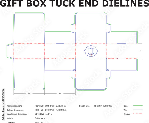 Gift box tuck end die lines template design layout with measurements and dimensions