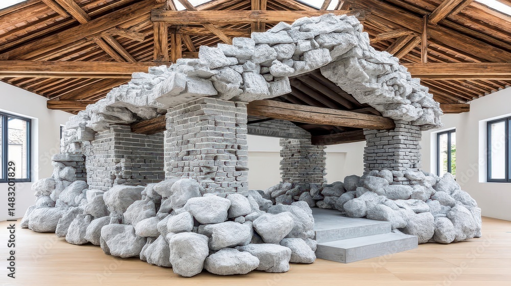 Obraz premium Gray Stone like Ruined Building Abstract Art Installation in Loft Space