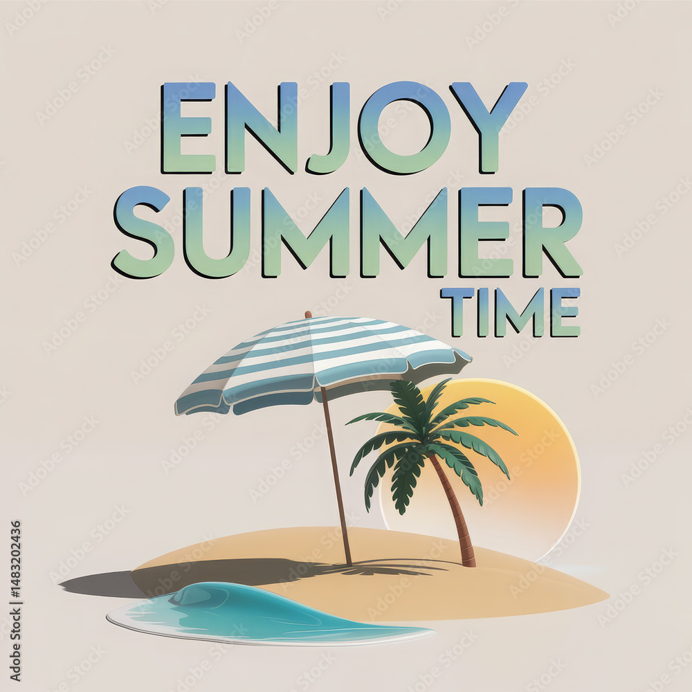 Naklejka premium Summer-themed illustration with palm tree, beach umbrella, and 