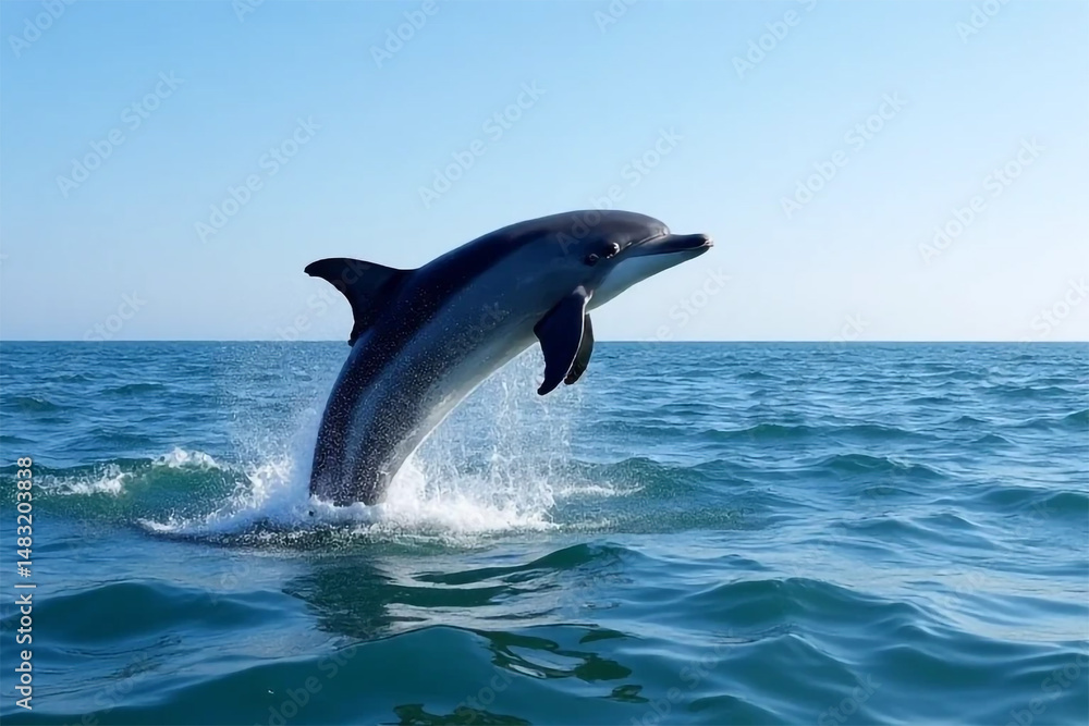 Fototapeta premium Dolphin Leaping Out of the Ocean Against a Clear Blue Sky