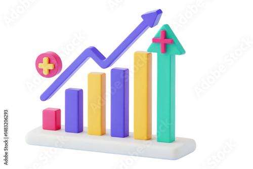 Free Download Colorful 3D bar graph with an upward arrow and plus signs indicating growth and progress. - GFXLoad