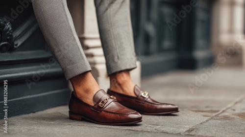 Brown leather loafers on gray trousers