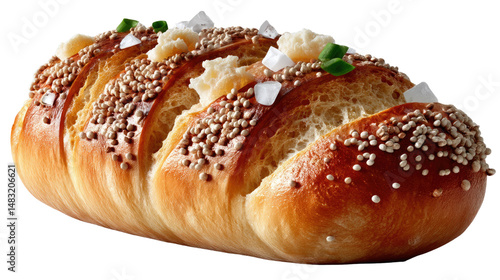 Golden Bread: A close-up view of freshly baked, golden bread, embellished with subtle toppings, showcasing its delectable textures.