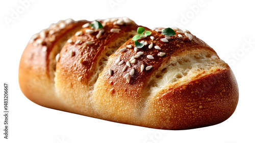 Artisan Bread Delight: A close-up view of a freshly baked, golden-brown artisan bread, studded with sesame seeds and adorned with fresh herbs, evokes the irresistible aroma of a bakery