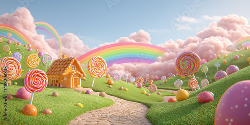 Magical candy land with gingerbread house and colorful rainbows in pink clouds

