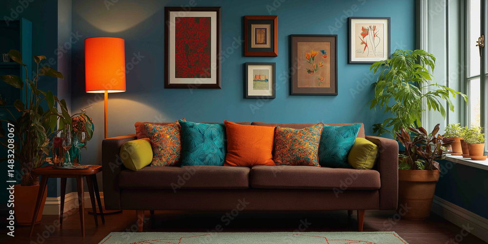 Fototapeta premium Warm cozy living room with blue wall, brown sofa, vibrant pillows, and bold orange lamp 