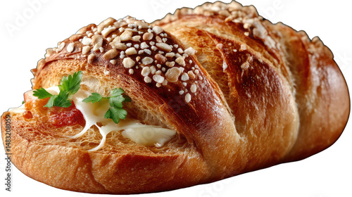 Artisan Bread Delight: A close-up shot of a beautifully baked, golden-brown bread loaf, generously filled with savory ingredients. The bread, with its intricate details and inviting textures.