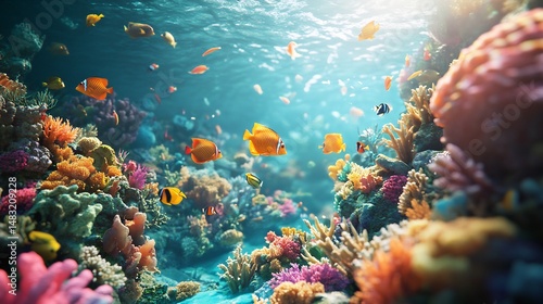 Vibrant Coral Reef: Sunlit Ocean Scene with Colorful Fish