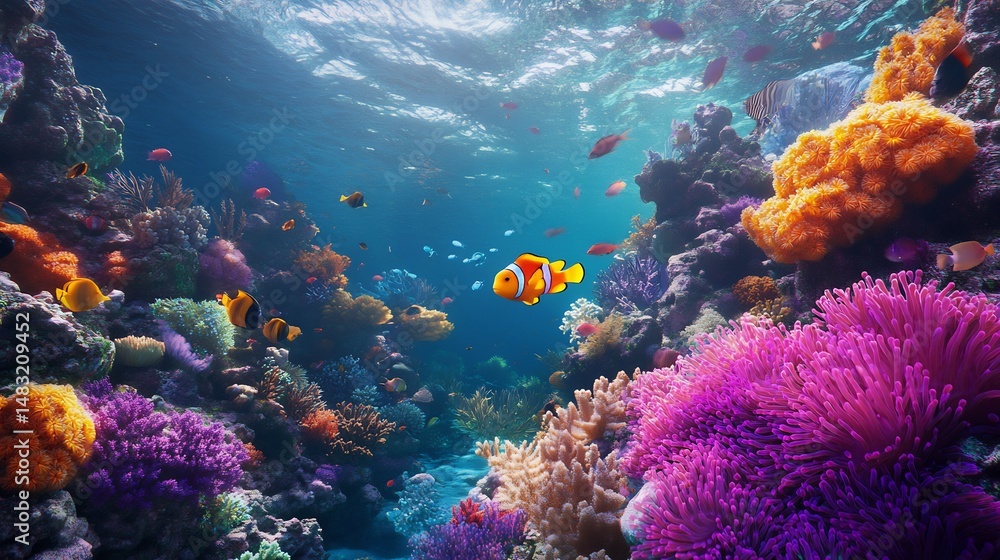 Naklejka premium Vibrant Coral Reef: A Serene Underwater Scene with Colorful Fish
