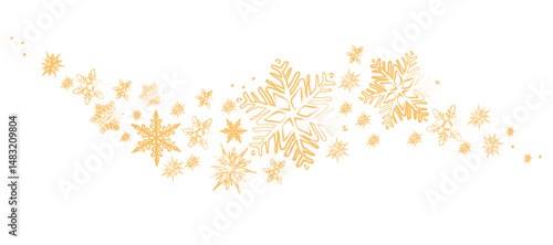 Cartoon illustration of a golden wave of wind with snowflakes on a white background. Decorative and festive design element for winter or holiday greeting cards