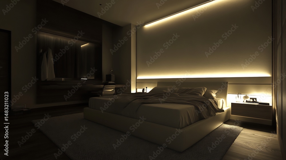 Modern Bedroom: Serene Nighttime Ambiance with Warm LED Lighting Modern Bedroom: Serene Nighttime Ambiance with Warm LED Lighting