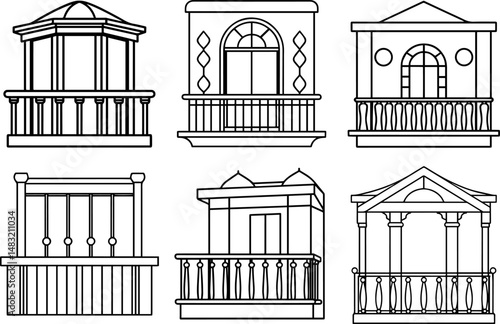 Set of Balcony railing outline vector illustration line art