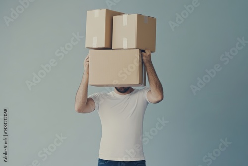 Man Hiding Face with Cardboard Boxes - Moving, Relocation, and Delivery Concept