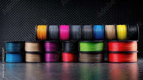 Colorful spools of 3D printing filament