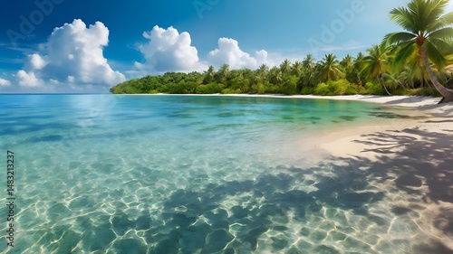 Tropical Summer Beach Scene with Palm Trees and Golden Sand in Watercolor Style. Vibrant watercolor abstract depicts serene beach scene with soft ripples of sandy dunes