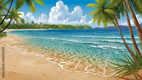 Tropical Summer Beach Scene with Palm Trees and Golden Sand in Watercolor Style. Vibrant watercolor abstract depicts serene beach scene with soft ripples of sandy dunes
