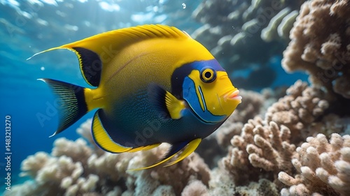 Vibrant queen angelfish. A vibrant underwater scene featuring a school of colorful queen angelfish swimming amidst coral reefs with sun rays breaking through the water.