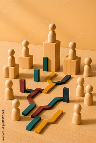 Strategic team restructuring concept with abstract wooden figures and colorful domino workflow on sunlit table, symbolizing modern HR planning, leadership roles, and recruiting strategy