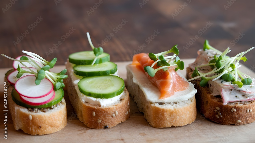 Variety Bruschetta Radish, Cucumber, Salmon, Crab Toppings with Sprouts on Wood Variety Bruschetta Radish, Cucumber, Salmon, Crab Toppings with Sprouts on Wood