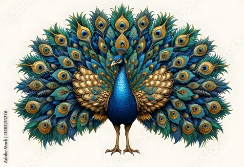 Majestic Peacock: A Detailed Blue and Gold Art Deco Illustration