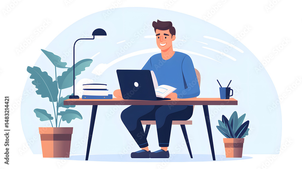 Educational Cartoon Flat Illustration of a Studious Guy Student Sitting in Classroom Setting Educational Cartoon Flat Illustration of a Studious Guy Student Sitting in Classroom Setting