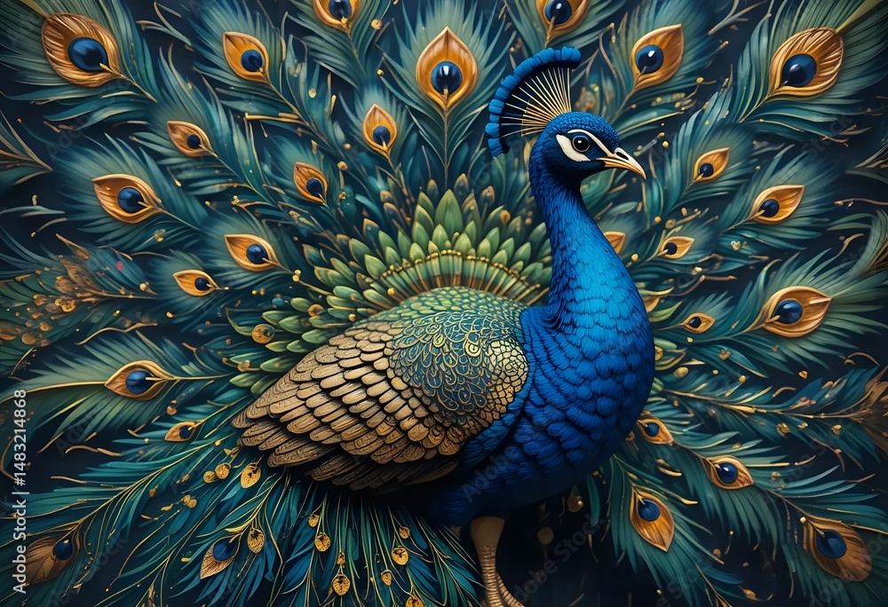 Obraz premium Majestic Peacock: A Regal Blue and Gold Avian Masterpiece