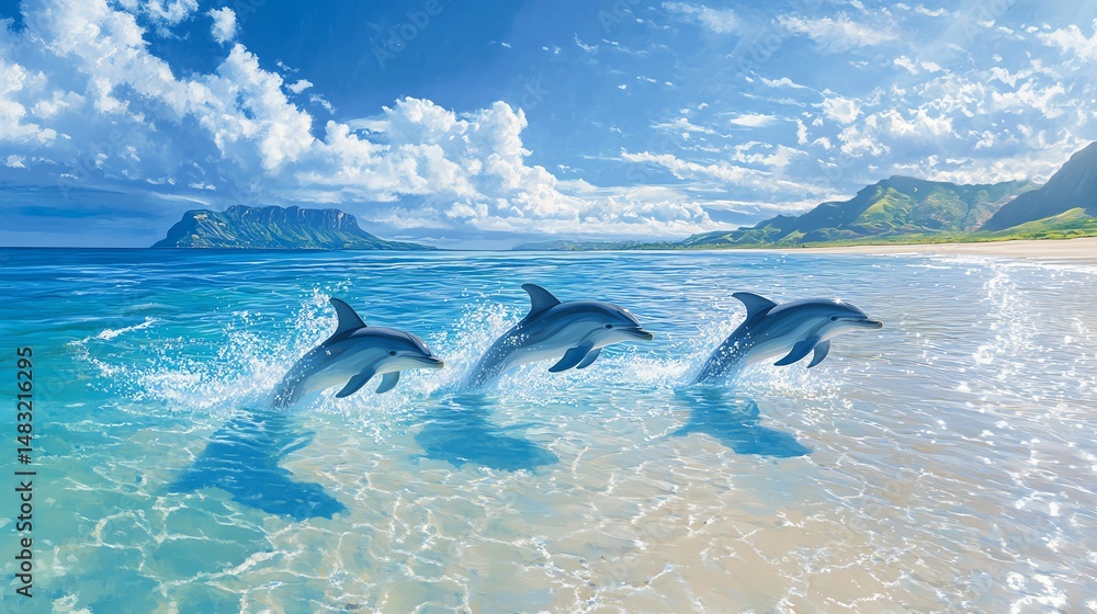 Naklejka premium Oceanic Dolphins Illustration: Three Dolphins Leap