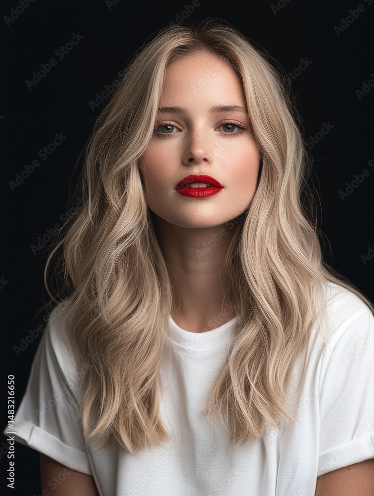 Blonde woman wavy hair white shirt red lipstick beauty fashion confident studio portrait Blonde woman wavy hair white shirt red lipstick beauty fashion confident studio portrait