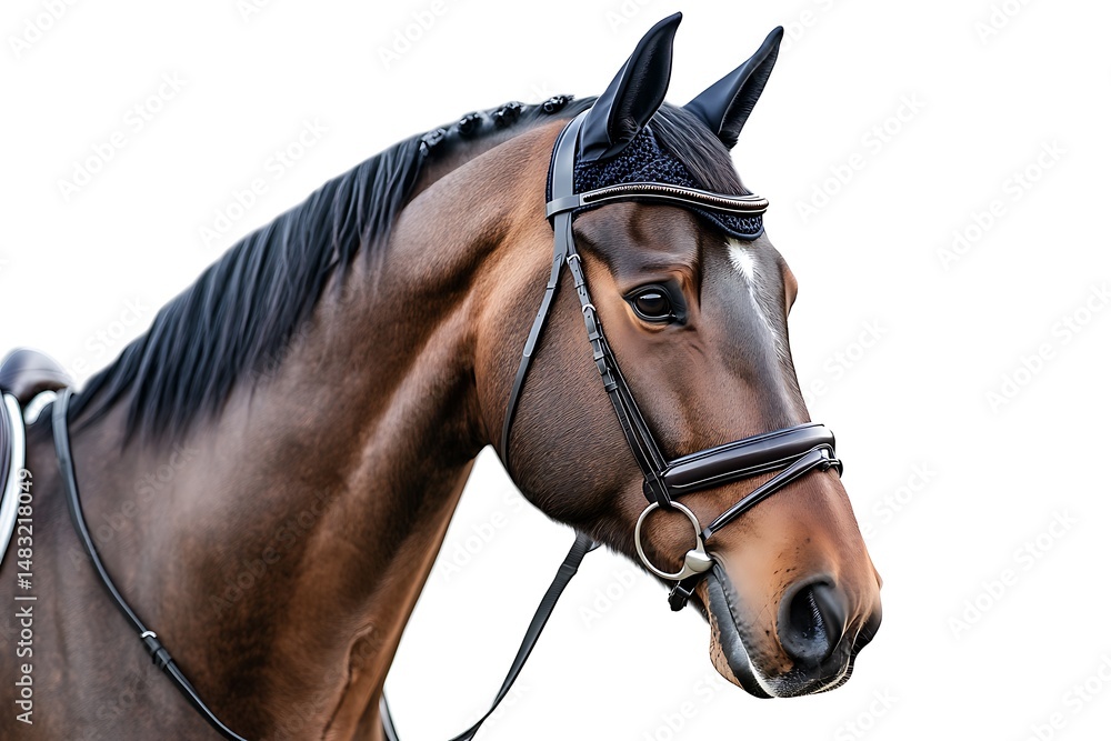 Close up of a brown horse with a bridle and ear net against a white background in a studio shot Close up of a brown horse with a bridle and ear net against a white background in a studio shot