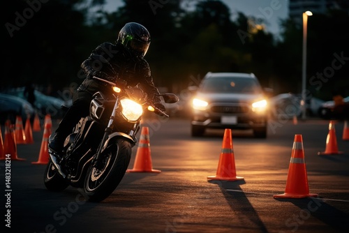 Motorcycle Safety Course, Biker Riding with Cones, Night Driving, Automotive Safety Training, Motorcycle Rider Training, Dark Asphalt