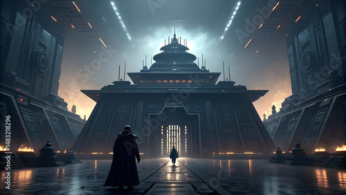 Dark futuristic architecture with cloaked figures walking towards an imposing temple structure.