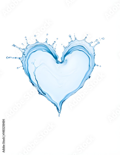 sparkling azure water droplets forming a delicate heart shape on pristine white backdrop, Dreamy. with white shades