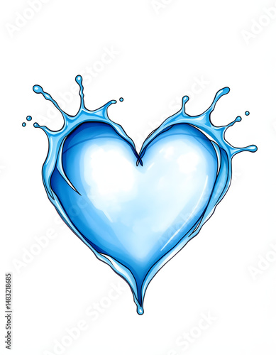 Sparkling azure water droplets forming a delicate heart shape against a pristine white backdrop, doodle art. with white shades