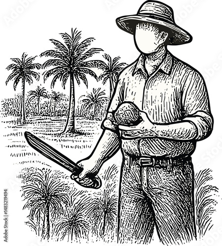 Black-and-white illustration of a farmer wearing a wide-brimmed hat, holding a knife and coconut fruit, surrounded by palm trees, depicting tropical agriculture and traditional farming life